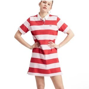 Levi women’s rugby short sleeve dress in red and pink stripe size S